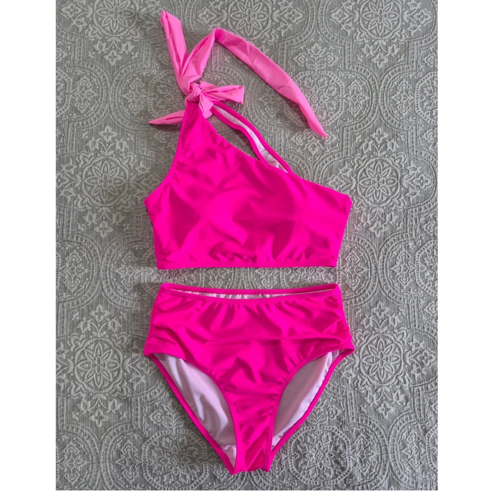 Womens Hot Pink Neon One Shoulder High Waisted Two Piece Swimsuit M